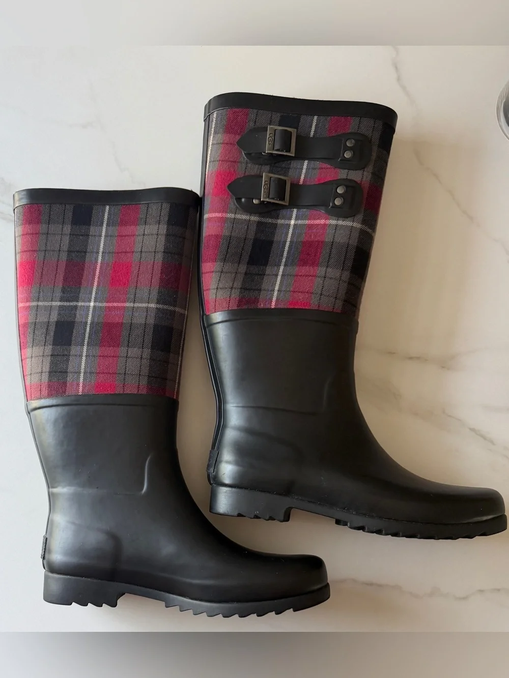 UGG Australia Black Rain Boots with Red & Gray Plaid Shaft